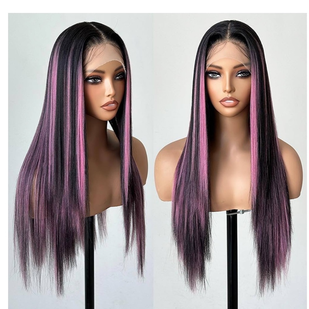 Pink and Black Straight Hair Lace Wig realistic middle Hairline Part baby hairs